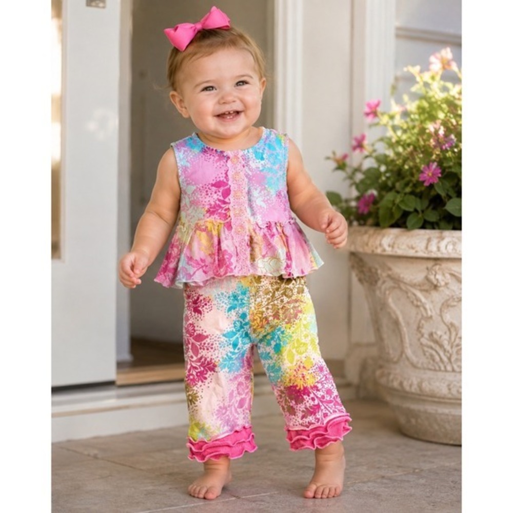 Vintage Cakewalk Girls Floral 2 Piece Outfit Pink Top Capri Pants Size 12 Months